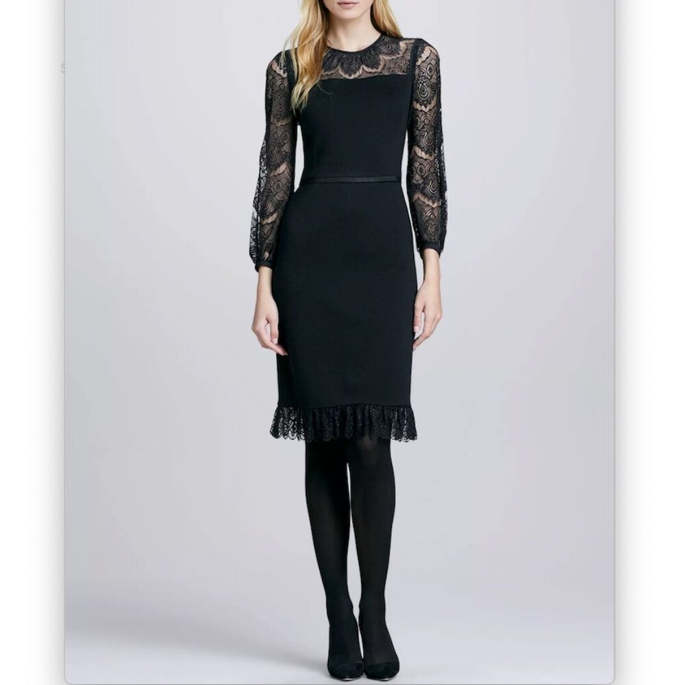 TORY BURCH TIANA BLACK LACE RUFFLE WOOL BLEND SHEATH DRESS US WOMEN SIZE XS